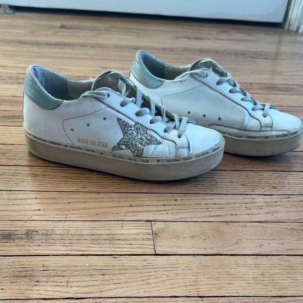 Golden Goose White Leather Sneakers with Silver Glitter Star